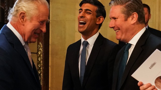 Article thumbnail: Britain's King Charles III (L) meets with Britain's Prime Minister Rishi Sunak (C) and Britain's opposition Labour Party leader Kier Starmer (R), as he arrives for a visit at Westminster Hall at the Palace of Westminster, in London, on May, 2, 2023, to attend a reception ahead of his coronation ceremony and his wife, Camilla, as King and Queen of the United Kingdom and Commonwealth Realm nations, on May 6, 2023. - (Photo by Arthur EDWARDS / POOL / AFP) (Photo by ARTHUR EDWARDS/POOL/AFP via Getty Images)