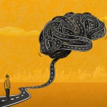 Article thumbnail: The man standing on a road and looking at the big brain-shaped knot formed by tangled roads. (Used clipping mask)