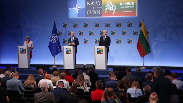 Article thumbnail: VILNIUS, LITHUANIA - JULY 10: NATO Secretary General Jens Stoltenberg (C) and Lithuanian President Gitanas Nauseda speak to the media prior to the 2023 NATO Summit on July 10, 2023 in Vilnius, Lithuania. The summit is bringing together NATO members and partner countries heads of state from July 11-12 to chart the alliance's future, with Sweden's application for membership and Russia's ongoing war in Ukraine as major topics on the summit agenda. (Photo by Sean Gallup/Getty Images)